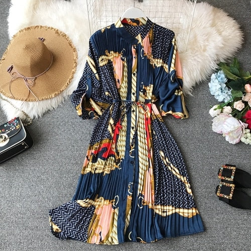 Spring Ladies Urban Chiffon Loose Printed Pleated Dress Women Fashion Festival Three Quarter Lantern Sleeves Knee-length Dress