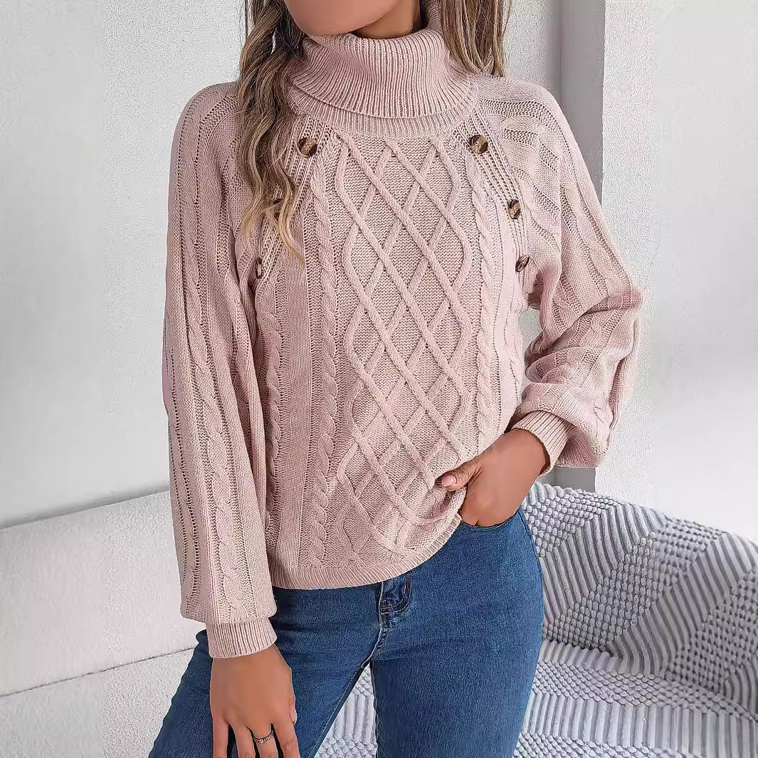 Women's autumn and winter fashion casual solid color button twist high collar lantern sleeve pullover sweater - 2bazar4