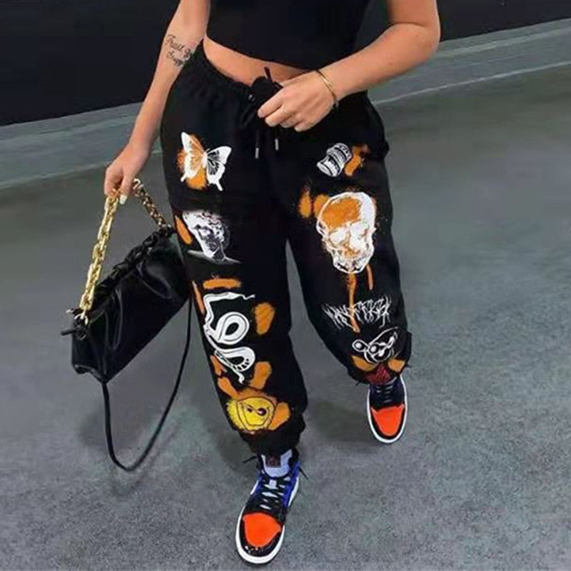 InstaHot Women Sweat Pant Harajuku Cartoon Printed Trousers Jogger Drawstring Cargo Pant Streetwear Casual Sweatpant Autumn - 2bazar4