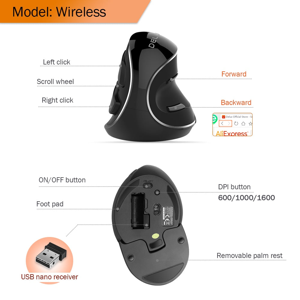 Delux M618 PLUS Ergonomics Vertical Gaming Mouse 6 Buttons 4000 DPI RGB Wired/Wireless Right Hand Mice For PC Laptop Computer - 2bazar4