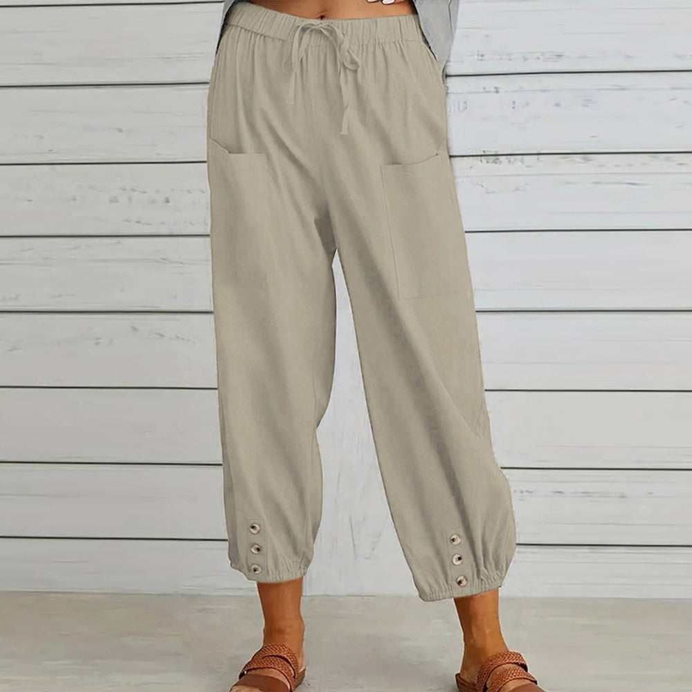 Loose-fitting high-waist buttoned cotton and linen pants nine-point wide-leg women's pants - 2bazar4