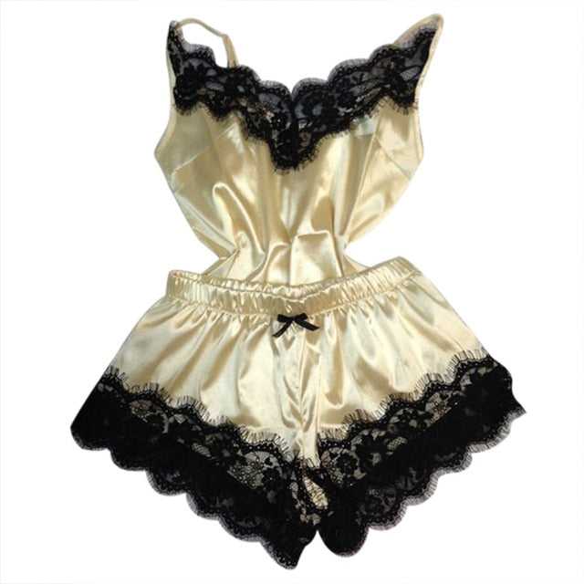 Women's Sleepwear Sexy Satin Pajama Set Black Lace V-Neck Pyjamas Sleeveless Cute Cami Top and Shorts pijama mujer algodon veran - 2bazar4