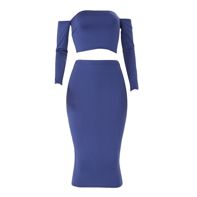 Sexy Women Two Pieces Set Off Shoulder Lace Up Back Long Sleeve Backless Crop Top Bodycon Pencil Skirt Set - 2bazar4