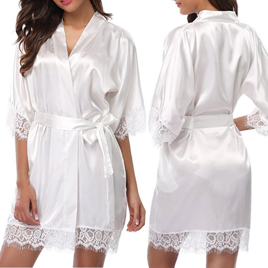 Belt Nightdress Neck Black Red Half V Knee Above Solid Fashion Patchwork With Women Waist White Sleeve Sleepwear Lace - 2bazar4