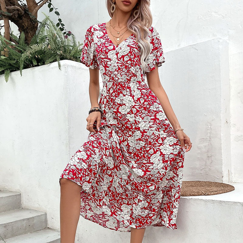 Summer New European and American Fashion Women's Red Print Temperament Dress - 2bazar4