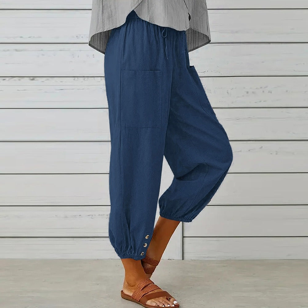 Loose-fitting high-waist buttoned cotton and linen pants nine-point wide-leg women's pants - 2bazar4