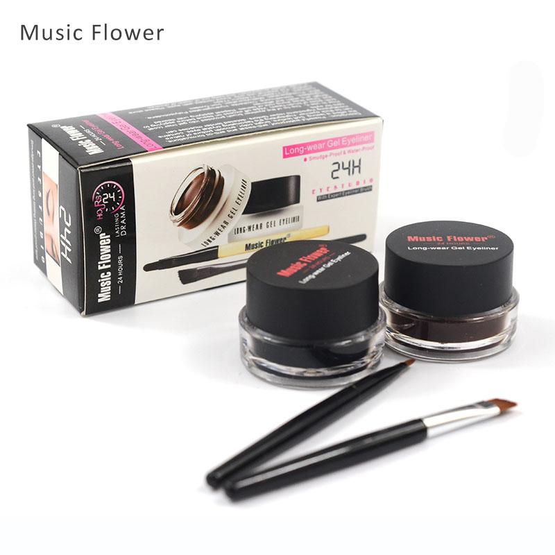 Music Flower 2 in 1 Coffee + Black Gel Eyeliner Make Up Waterproof Eye Liner Cosmetics Set Eyeliner Pens Makeup Brushes Set - 2bazar4