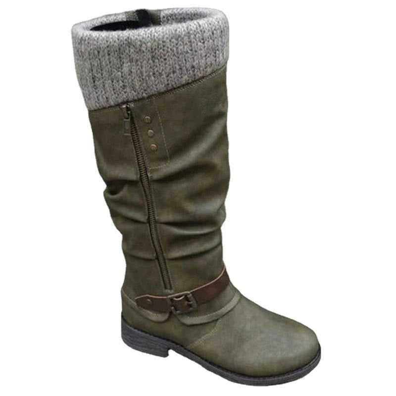 Large size mid length knight boots, new thick heeled side zippered woolen patchwork women's boots - 2bazar4