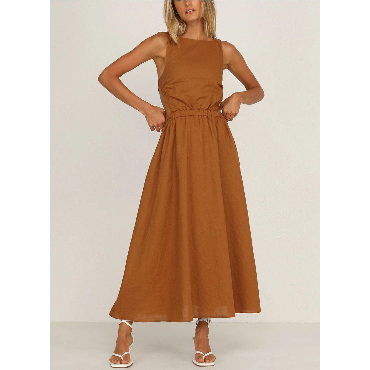 Summer Dress Sexy Sleeveless Sling Open Back Elasticated Waist Maxi Dress - 2bazar4