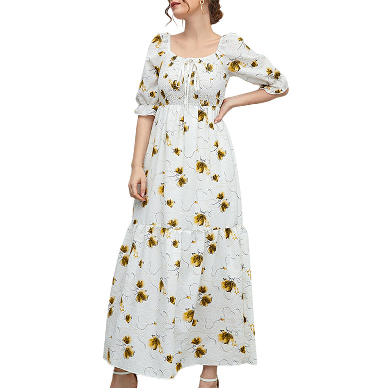 Summer Women's Floral Dress Slim Long Skirt Chiffon Pleated Skirt - 2bazar4