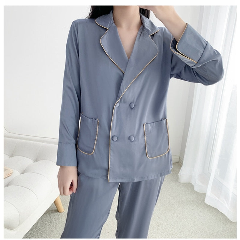 2 Pieces Faux Silk Satin Pajamas Set Autumn Women Sleepwear - 2bazar4