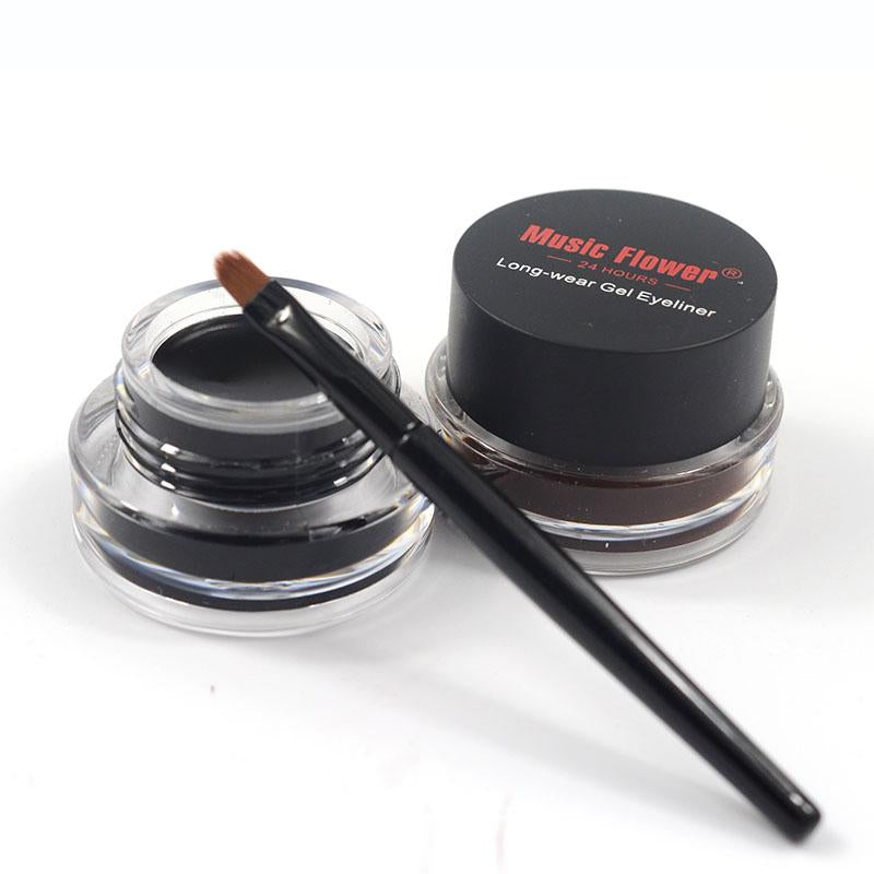 Music Flower 2 in 1 Coffee + Black Gel Eyeliner Make Up Waterproof Eye Liner Cosmetics Set Eyeliner Pens Makeup Brushes Set - 2bazar4