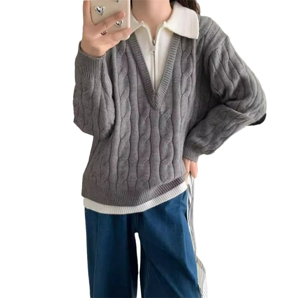 Lazy style lapel fake two Fried Dough Twists sweaters women's autumn and winter new loose thin soft waxy pullover sweater top - 2bazar4