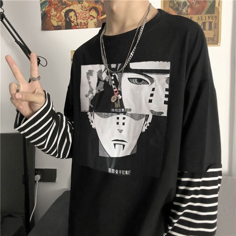 Autumn New Instagram Naruto Long sleeved T-shirt for Men and Women Couple Striped Fake Two Piece Set Student Loose Top - 2bazar4