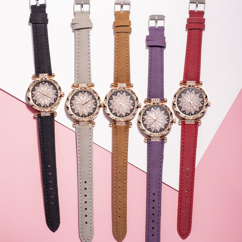 New Fashion Leather Strap Watch Women Quartz Watch Romantic Starry Sky Wrist Watch Bracelet Set for Women Gift Wrist Accessories - 2bazar4