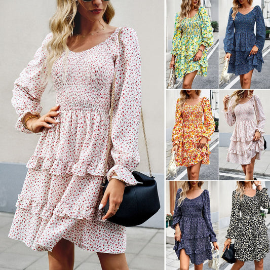 Dress Women's casual floral V-neck long sleeved skirt - 2bazar4