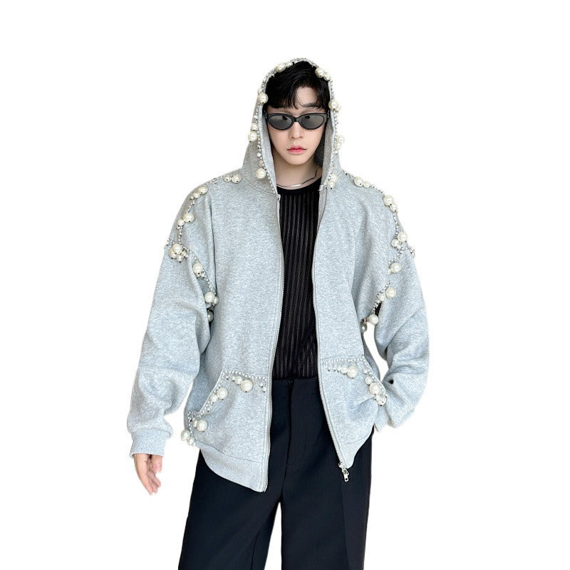 Handmade pearl decoration cardigan sweatshirt for men and women - 2bazar4