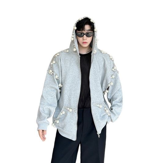 Handmade pearl decoration cardigan sweatshirt for men and women - 2bazar4