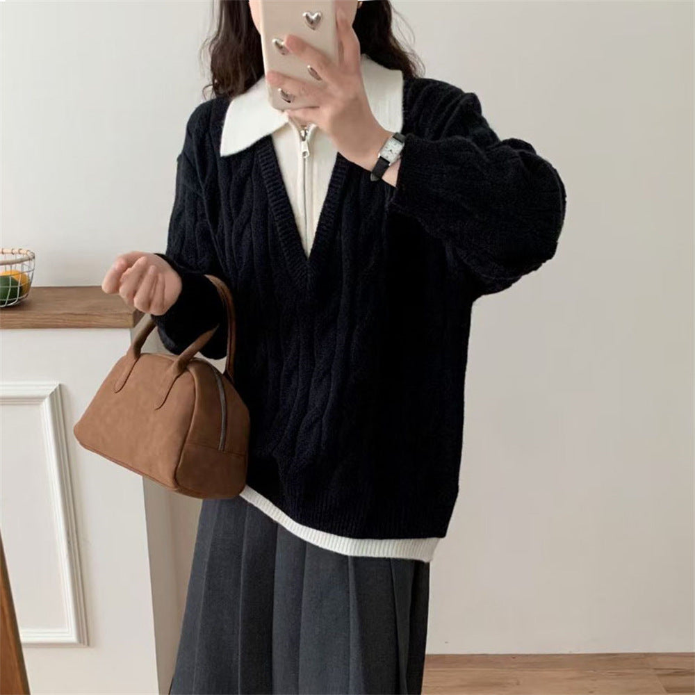 Lazy style lapel fake two Fried Dough Twists sweaters women's autumn and winter new loose thin soft waxy pullover sweater top - 2bazar4