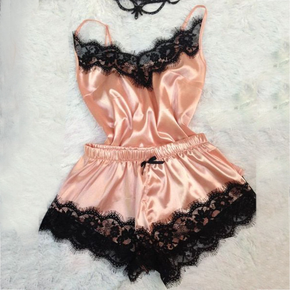 Women's Sleepwear Sexy Satin Pajama Set Black Lace V-Neck Pyjamas Sleeveless Cute Cami Top and Shorts pijama mujer algodon veran - 2bazar4
