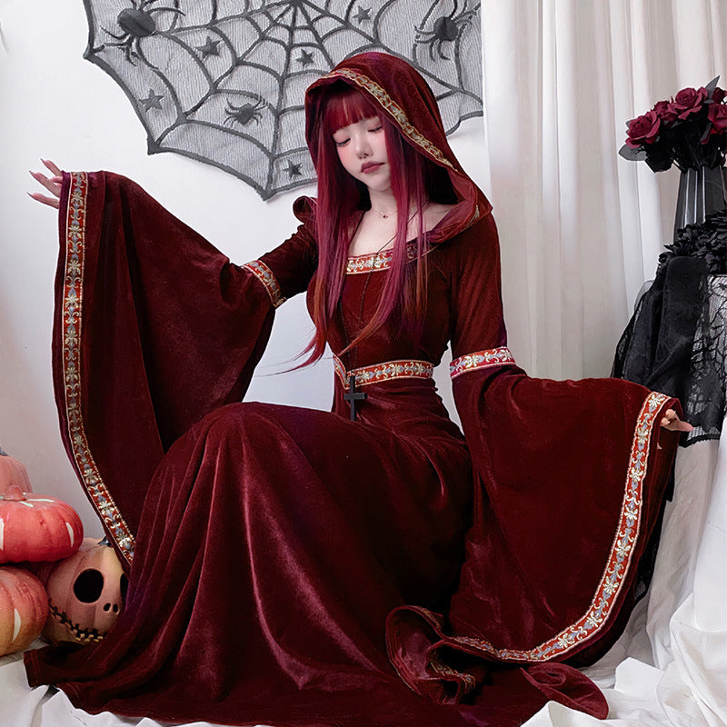 Halloween adult costume medieval retro court European vampire Little Red Riding Hood witch dress long skirt