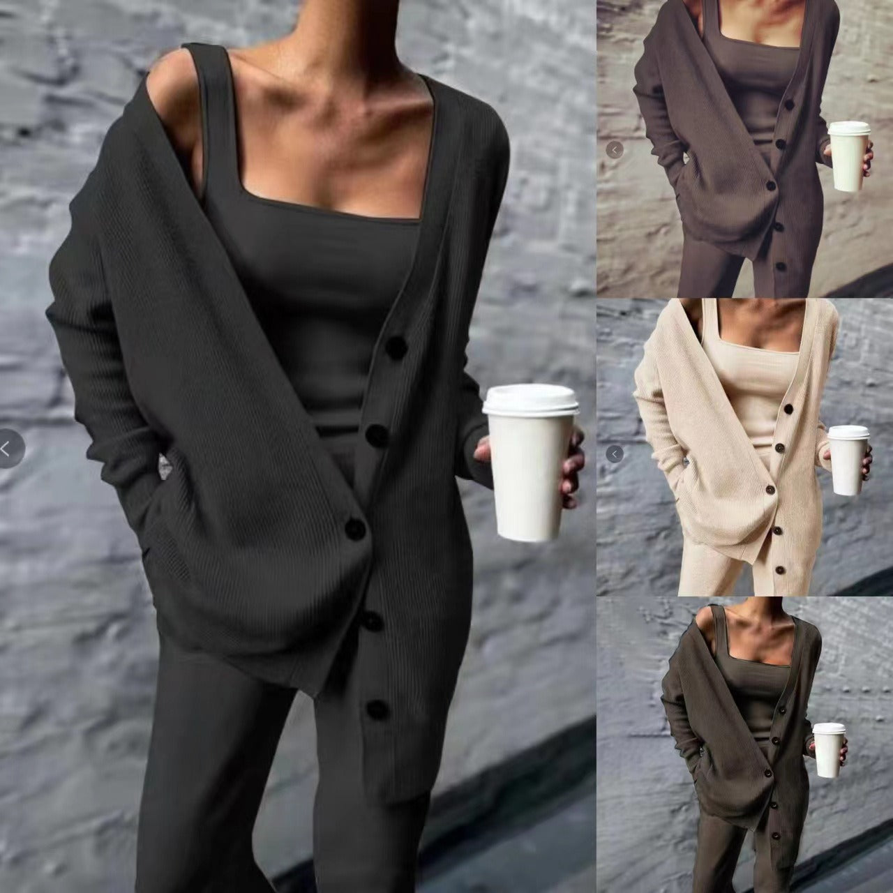 Solid color knitted jacket three piece set - 2bazar4