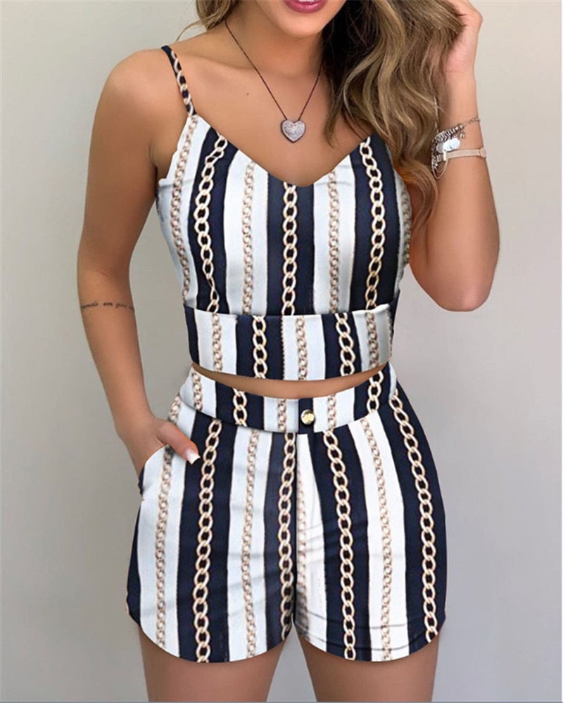 Summer Women Fashion 2-piece Outfit Set Sleeveless Print Top and Shorts Set for Ladies Women Party wear - 2bazar4