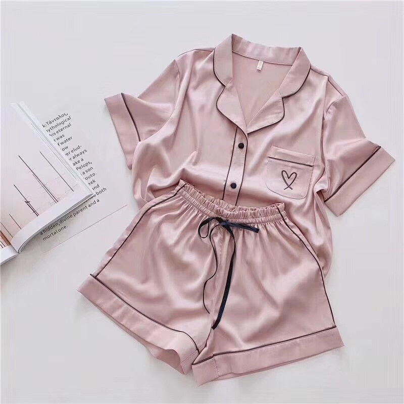 Silk Pajamas for Women Home Suit Heart Embroidered Pyjamas Pj Set Satin Nightwear Sleepwear Pijama Verano Mujer - 2bazar4