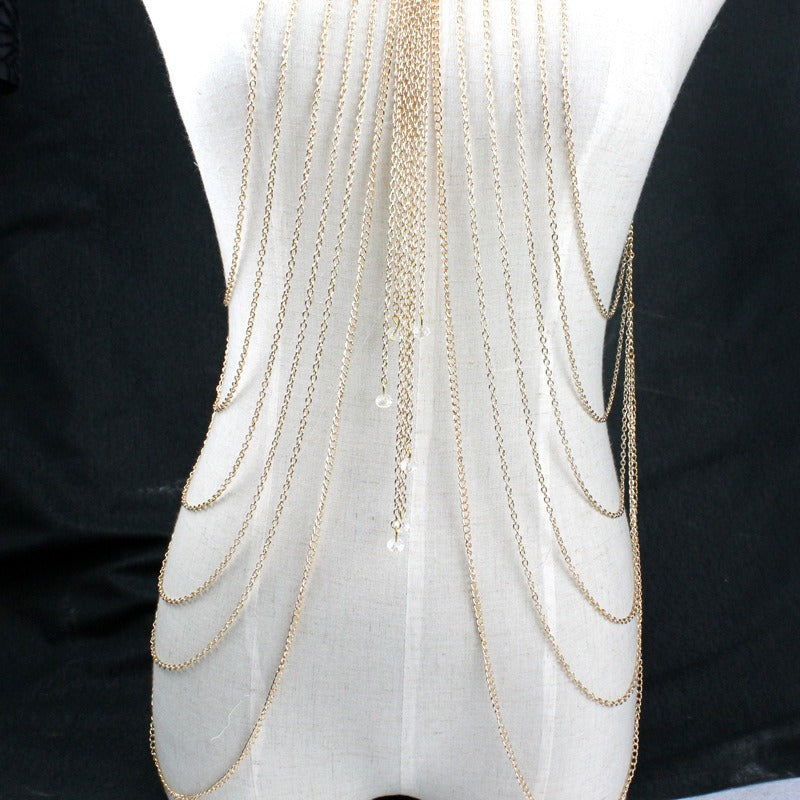 New Hot Selling Fashion Sexy Crystal Multi layered Tassel Long NecklacHot Selling Fashion Sexy Crystal Multi layered Tassel Long Necklace Body Chain Beauty Body Chain WomenMaterial: AlloySize:45cm+6cm