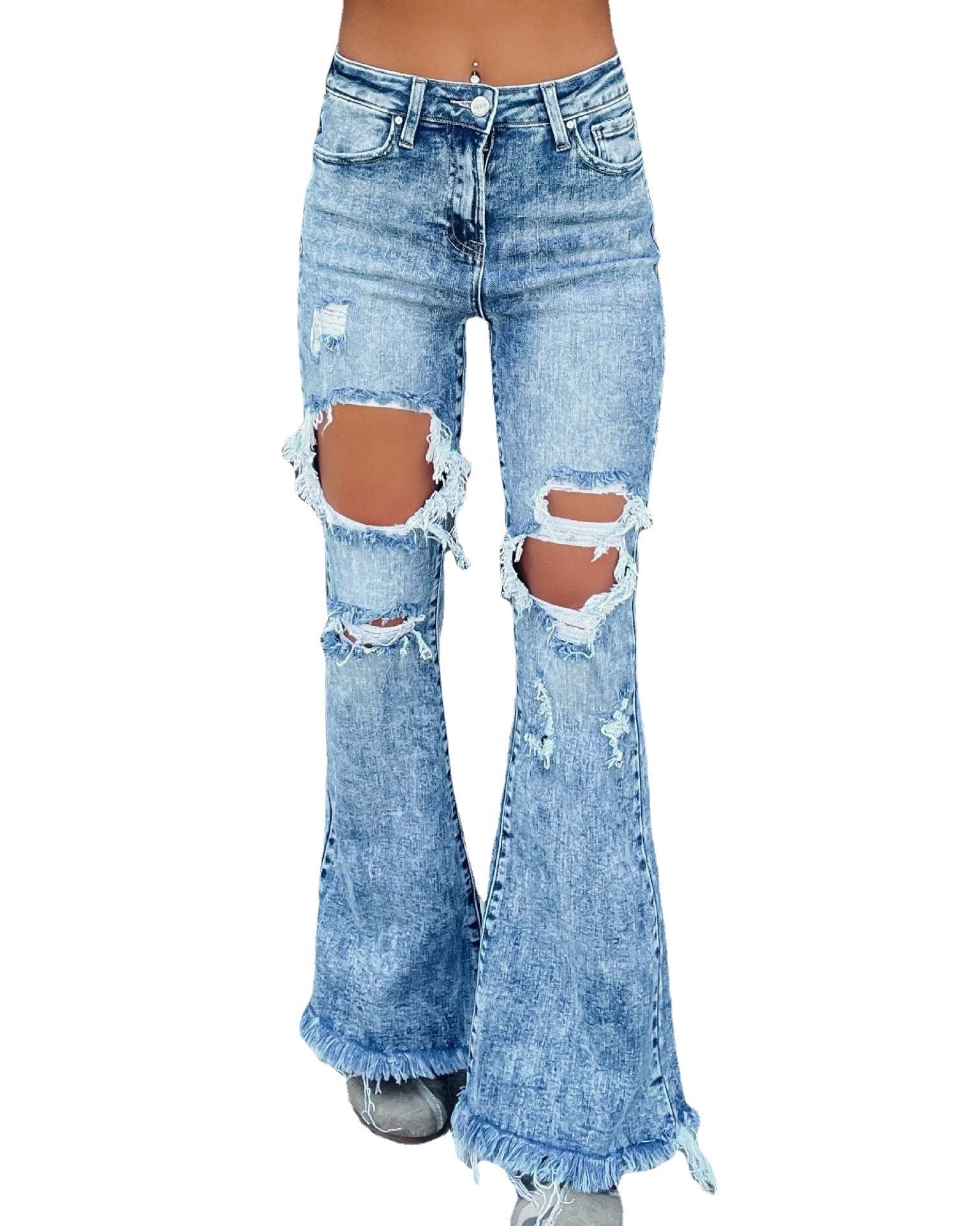 Autumn European and American casual distressed water washed micro flared pants jeans - 2bazar4