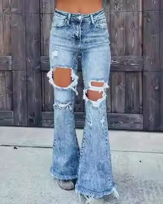 Autumn European and American casual distressed water washed micro flared pants jeans - 2bazar4