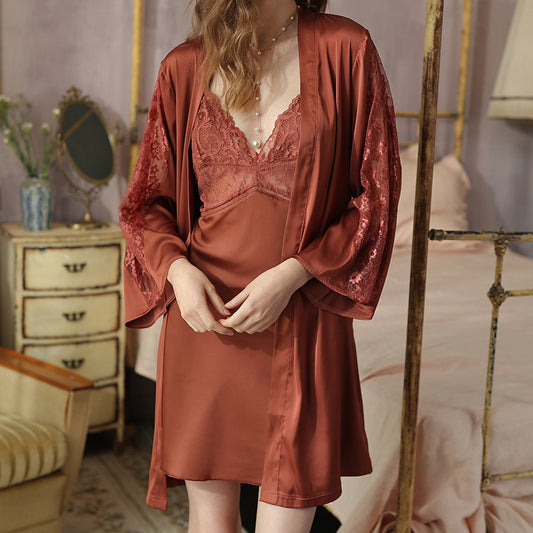 Pajamas Women's Spring And Autumn Sexy Ice Ribbon Chest Pad Nightgown Two-Piece Lace Silk Satin Suspender Nightdress - 2bazar4