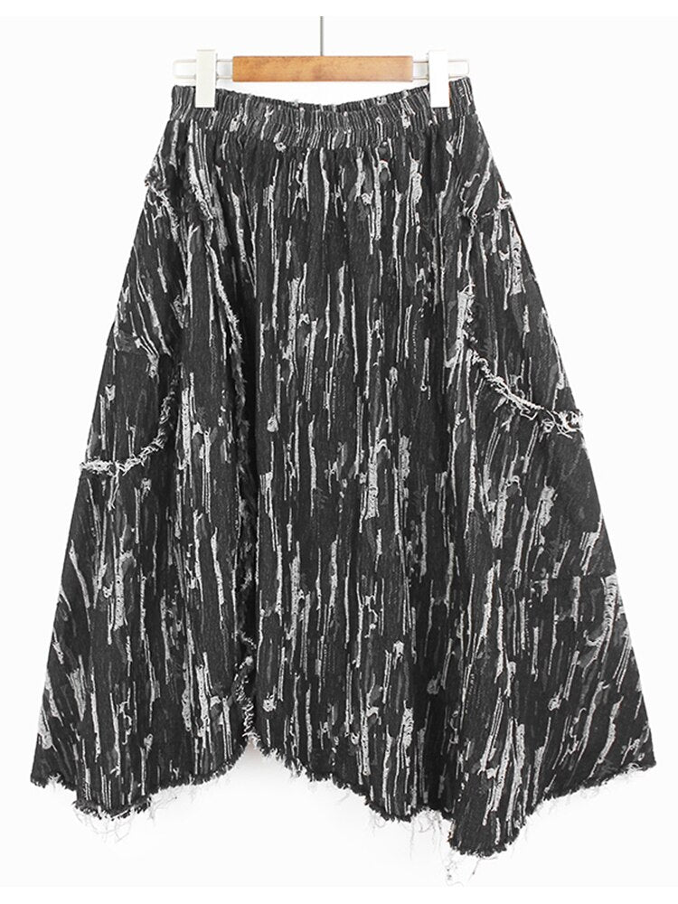 Color Contrast Denim Skirt Autumn High Waist Thin And Loose Personality Irregular Design Medium Length Skirt - 2bazar4