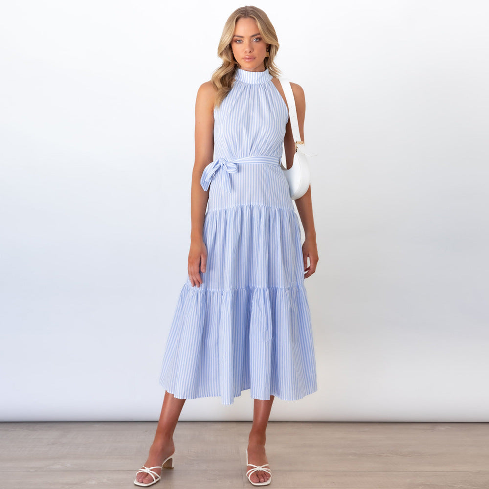 Summer New Striped Halterneck Dress Slim Temperament Long Skirt For Women - 2bazar4