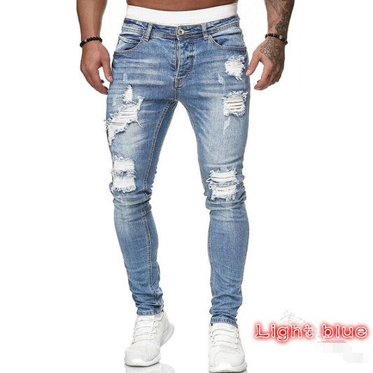 Adisputent Men's Sweatpants Sexy Hole Jeans Pants Casual Summer Autumn Male Ripped Skinny Trousers Slim Biker Outwears Pants - 2bazar4