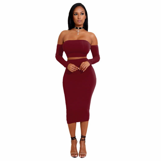 Sexy Women Two Pieces Set Off Shoulder Lace Up Back Long Sleeve Backless Crop Top Bodycon Pencil Skirt Set - 2bazar4