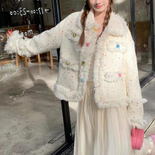 Cute little fragrant style white collar woolen short coat for women - 2bazar4