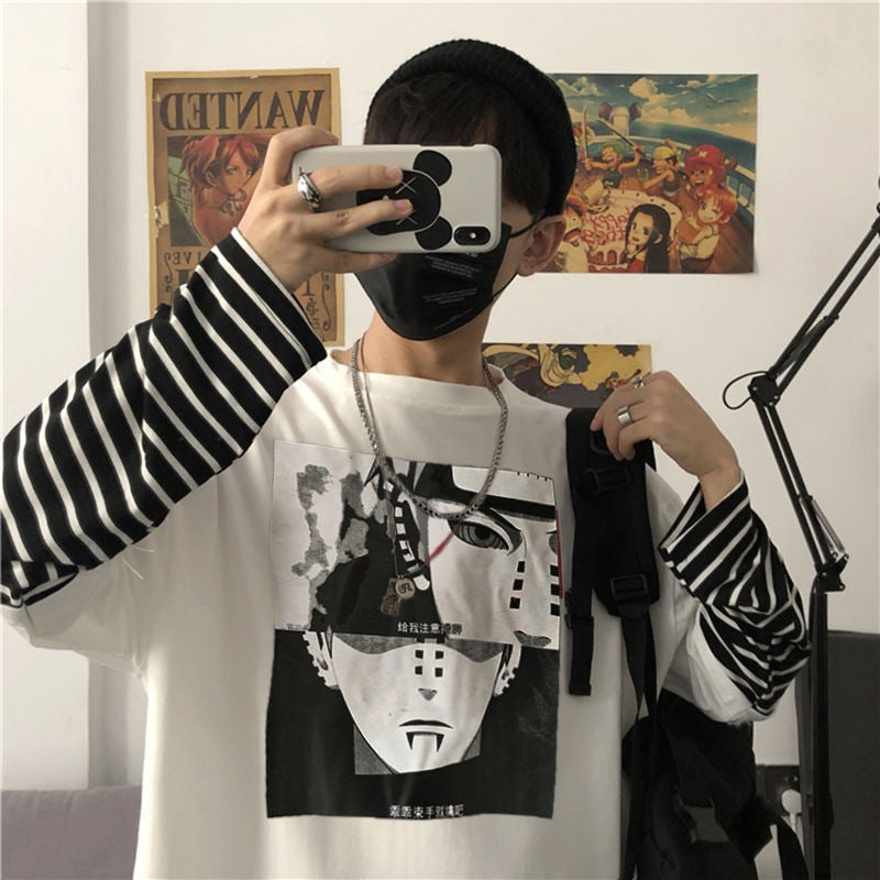 Autumn New Instagram Naruto Long sleeved T-shirt for Men and Women Couple Striped Fake Two Piece Set Student Loose Top - 2bazar4