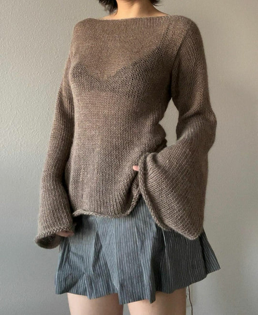 Women's temperament flared sleeve knitted top with tie up sexy backless sweater - 2bazar4