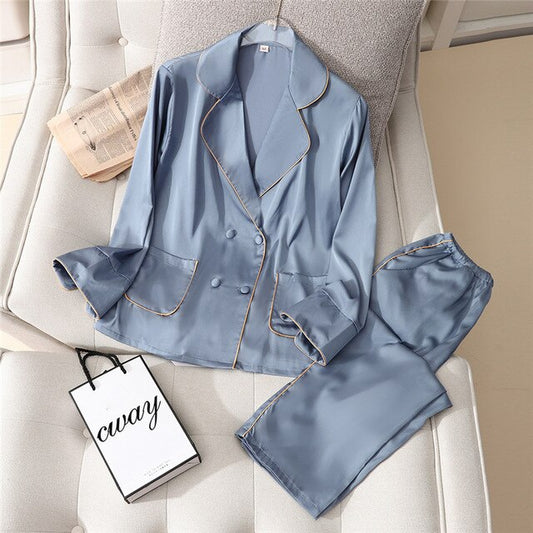 2 Pieces Faux Silk Satin Pajamas Set Autumn Women Sleepwear - 2bazar4