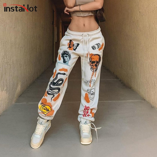 InstaHot Women Sweat Pant Harajuku Cartoon Printed Trousers Jogger Drawstring Cargo Pant Streetwear Casual Sweatpant Autumn - 2bazar4