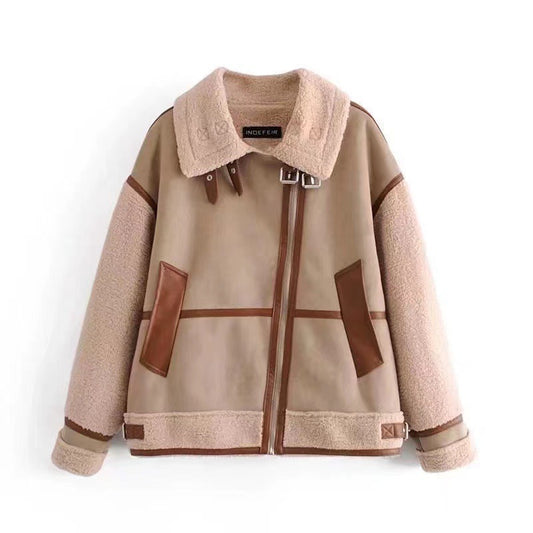 Autumn/Winter Women's Warm Spliced Leather Fur One Piece Coat Women's Autumn/Winter Women'Main fabric composition: polyester--XS:  Bust 122cm       sleeve  72cm          length 63cm--S: Bust 126cm       sleeve  73cm          length 64cm   --M:  Bust 130cm