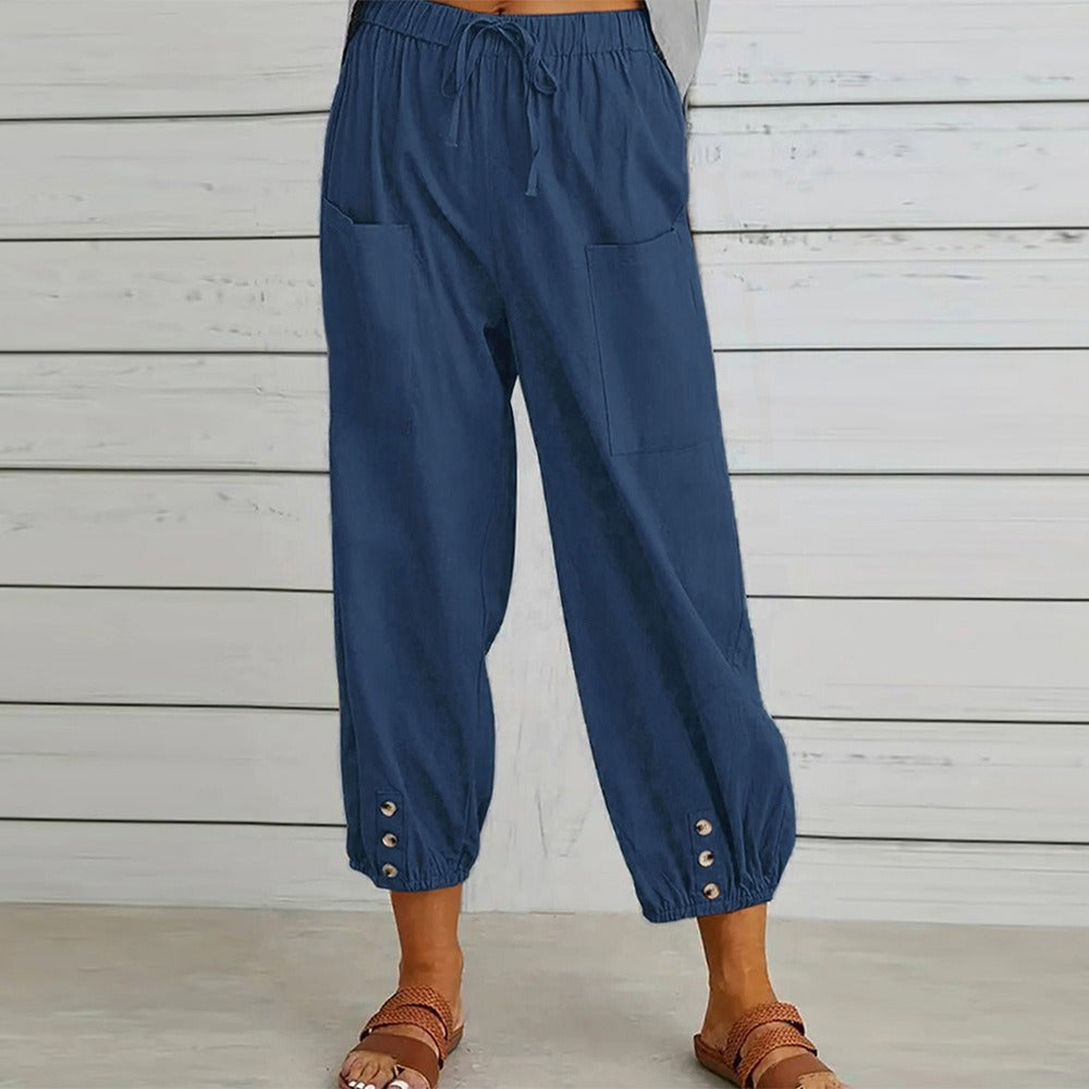 Loose-fitting high-waist buttoned cotton and linen pants nine-point wide-leg women's pants - 2bazar4