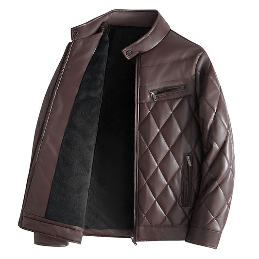 PU leather cotton jacket for men in winter with added velvet and thick leather cotton jacket, Korean version youth motorcycle - 2bazar4