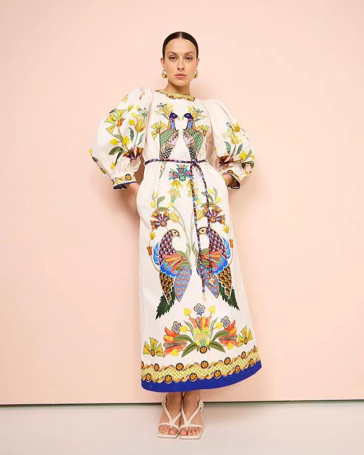Elegant Birds Flower Printed Belts Dress Women Long Lantern Sleeve O-neck Female Dresses Summer Colorful Holiday Vestidos