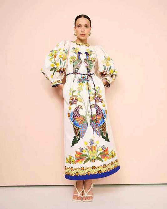 Elegant Birds Flower Printed Belts Dress Women Long Lantern Sleeve O-neck Female Dresses Summer Colorful Holiday Vestidos