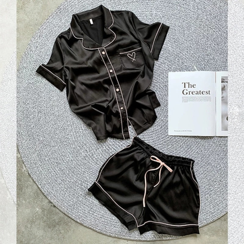 Silk Pajamas for Women Home Suit Heart Embroidered Pyjamas Pj Set Satin Nightwear Sleepwear Pijama Verano Mujer - 2bazar4