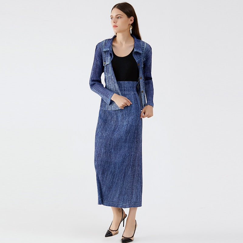 Miyake Denim Women's Korean Version Denim Shirt Spring Thin Top Slim Skirt Net Infrared Matching Suit - 2bazar4