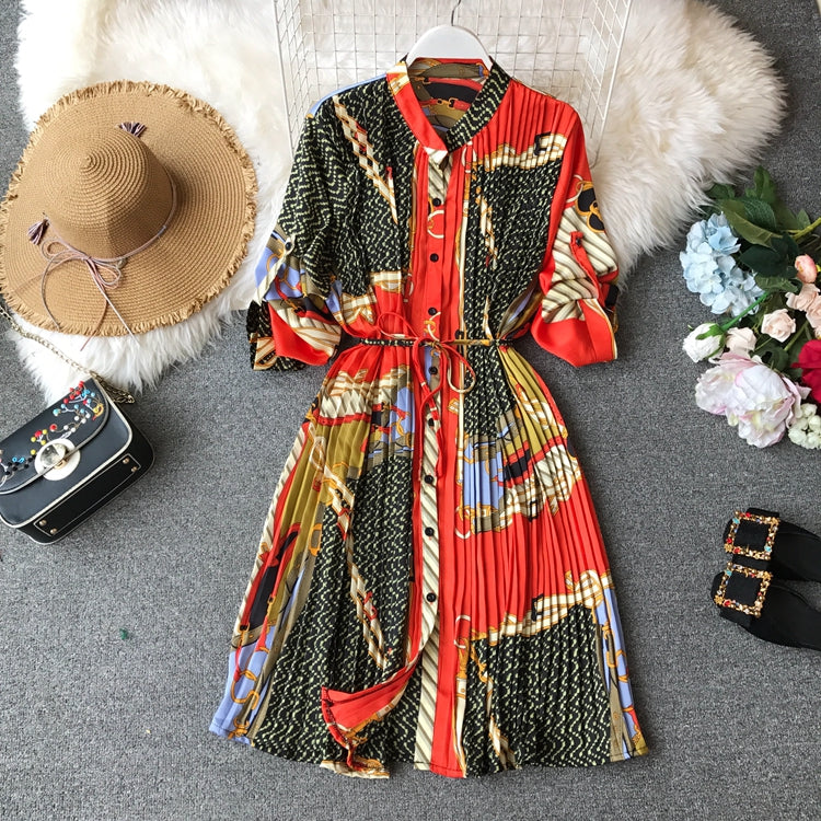 Spring Ladies Urban Chiffon Loose Printed Pleated Dress Women Fashion Festival Three Quarter Lantern Sleeves Knee-length Dress