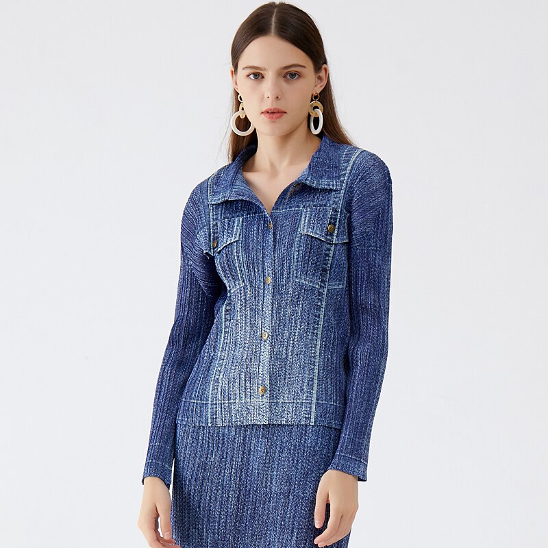 Miyake Denim Women's Korean Version Denim Shirt Spring Thin Top Slim Skirt Net Infrared Matching Suit - 2bazar4
